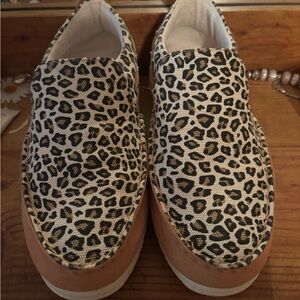 Sperry Leopard Print Slip-On Platform Sneakers in Tan and Black